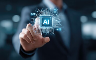 Businessman touches a glowing AI chip graphic
