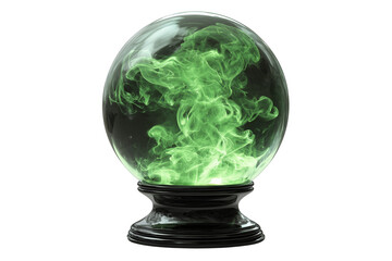 A Halloween witch’s crystal ball glowing with green mist, isolated on a transparent background.
