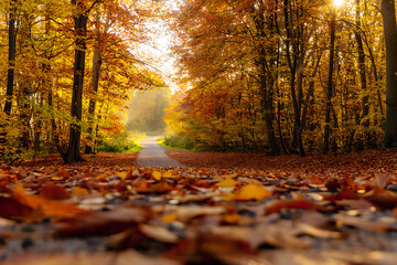 Obraz premium A winding path through a golden autumn forest is covered with fallen leaves.