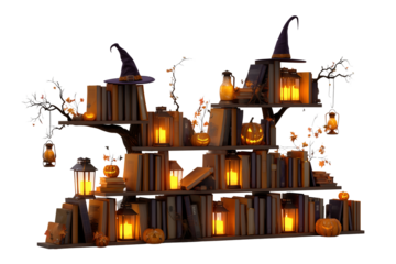 A Halloween witch’s library bookshelf with glowing books, isolated on a transparent background.