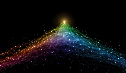 Abstract rainbow-colored, digital, particle, pyramid design on a black background