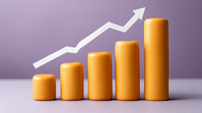 Orange bar chart with upward arrow on purple background.