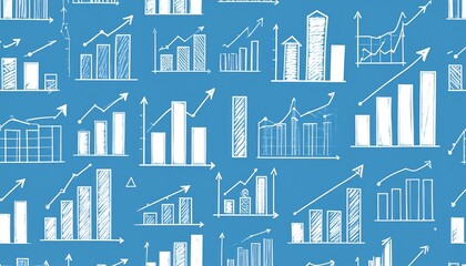 Dynamic growth charts and bar graphs show upward business trends on a vibrant blue background