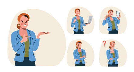 Business woman.Set Different poses.Vector flat style cartoon illustration