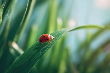 Fototapeta premium Ladybug on a blade of grass in a lush field