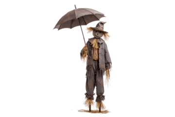 A Halloween scarecrow holding a broken umbrella, isolated on a transparent background.