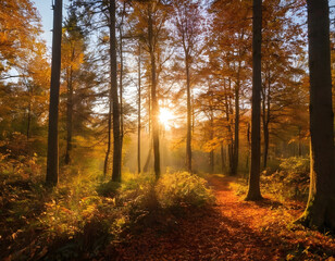 Obraz premium An autumn sunrise between a tree and over colorful flowers in a meadow.
