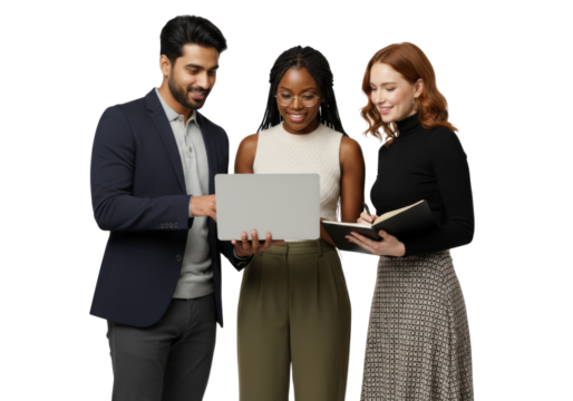 Group of people talking together, and working on laptop isolated on transparent background - Powered by Adobe