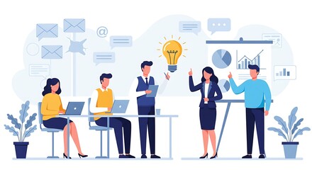Obraz premium Business Team Brainstorming and Sharing Ideas in a Meeting Room Vector Illustration