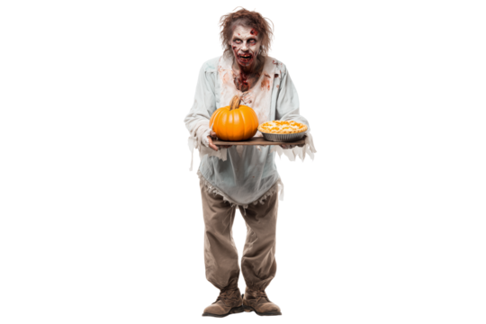 A Halloween zombie holding a pumpkin pie, isolated on a transparent background.