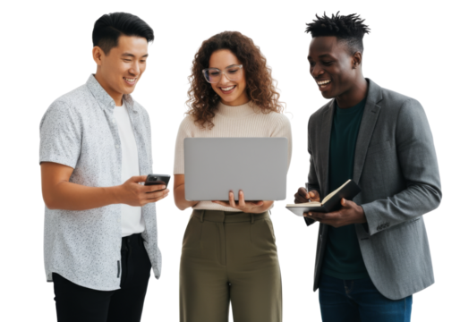 Group of people talking together, and working on laptop isolated on transparent background - Powered by Adobe