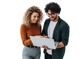young business woman and man holding laptop and working together isolated on white or transparent background