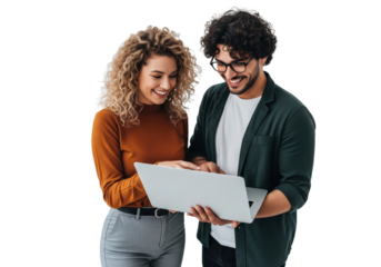 young business woman and man holding laptop and working together isolated on white or transparent background