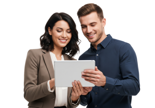 young business woman and man holding tablet and working together isolated on white or transparent background