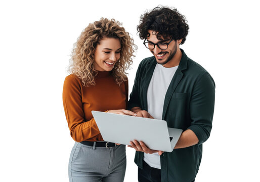 young business woman and man holding laptop and working together isolated on white or transparent background - Powered by Adobe
