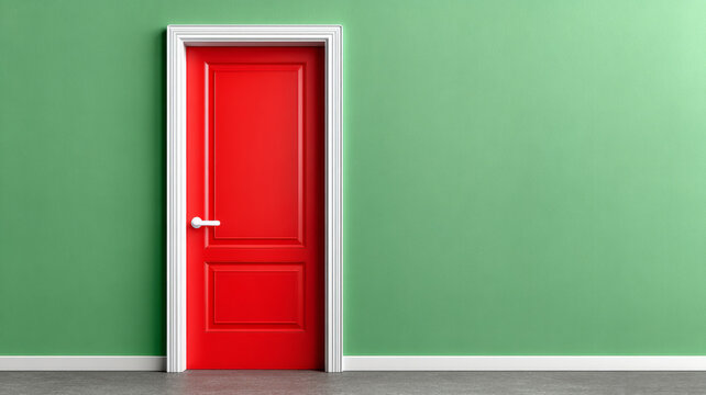 Red door in green wall, creating a striking contrast.