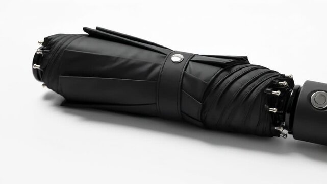 A tightly furled black umbrella lies diagonally on a white surface. A silver snap fastens a strap. Metal tips extend from the end