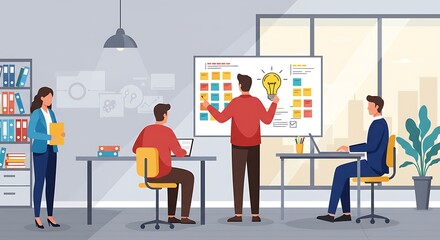 Fototapeta premium Creative team brainstorm session in modern office with whiteboard and ideas