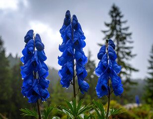 Striking blue aconitum flowers in natural setting close up view