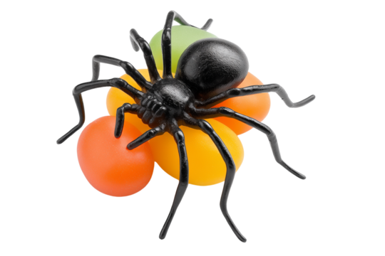 A Halloween black spider crawling over a candy, isolated on a transparent background. - Powered by Adobe