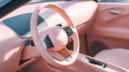 Stylish eco-friendly car interior with minimalist design elements in soft pink tones