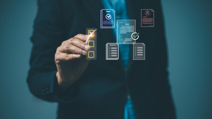 Businessman using digital interface with checklist and document icons,Concepts of online approval, electronic contract, workflow automation productivity management in modern technology