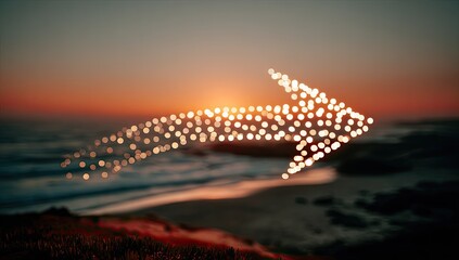 Glowing arrow points toward sunset over ocean