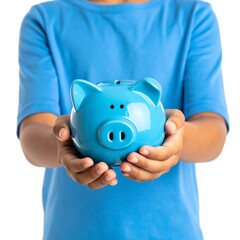 Child holding a blue piggy bank