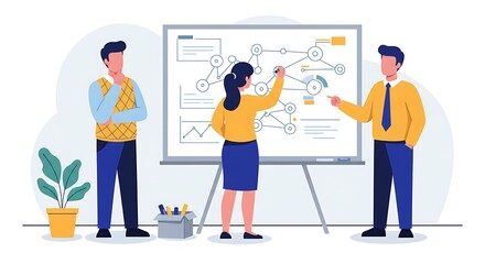 Team brainstorming session with whiteboard collaboration and strategic planning meeting