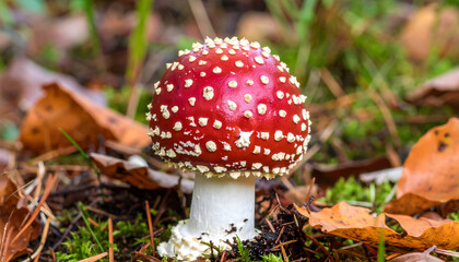 Striking red and white spotted mushroom in autumn forest woodland setting