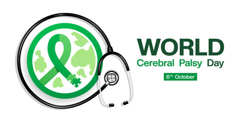 6 th October is World Cerebral Palsy Day. Ribbon, earth and stethoscope. Suitable for posters, banners and social media. White background.