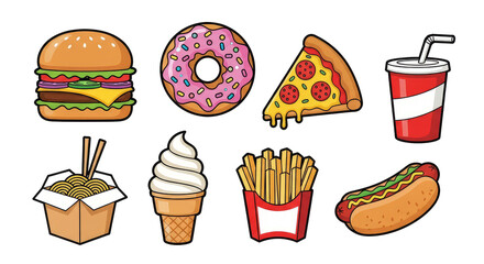 Vector cartoon fast food icons set illustration burger pizza donut hotdog fries noodles 90chr , isolated on transparent background