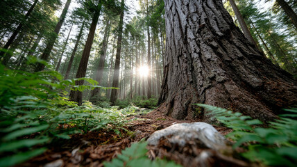 Sunlight filtering through tall forest trees