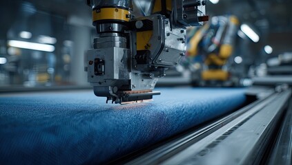 Industrial robotic arm working on a blue fabric