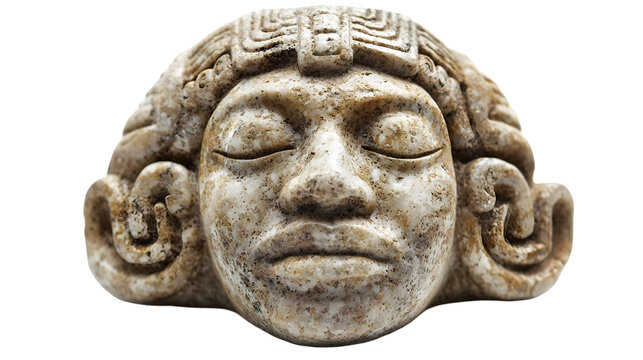  Close-up of an ancient Mayan stone carving depicting a face with intricate details, isolated on a transparent background