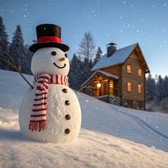 Charming snowman with top hat and scarf near cozy cabin in snowy landscape