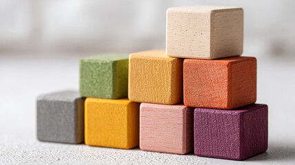 Stacked colorful wooden blocks on a light background.