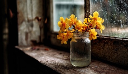 Yellow flowers in a glass jar, rustic window