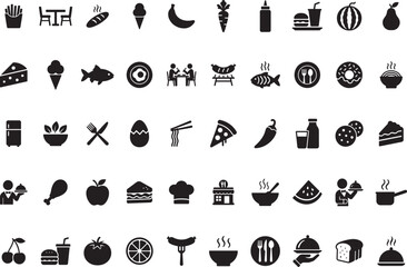 Food icon collection set containing meal restaurant dishes and fruits icons in flat black silhouette vector illustration bundle
