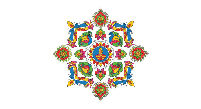 Vibrant Mandala Design with Central Buddha Figure.