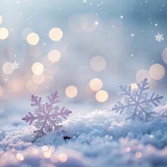Winter snowflake bokeh lights soft focus festive holiday background with snow and sparkles