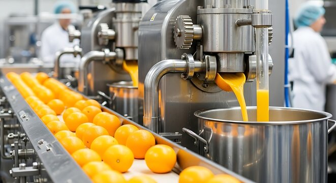 Orange juice production with washing peeling and extraction line