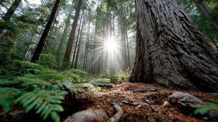 Sunlight streaming through a dense forest of tall trees.