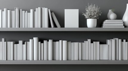 Obraz premium Gray bookshelves, minimalist design, with books and plants