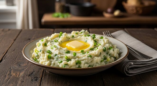 Photo of champ with scallion garnish on mashed potato bowl