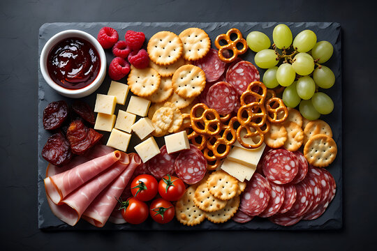 A delicious food platter with cheese, crackers, salami, and grapes arranged artistically.
