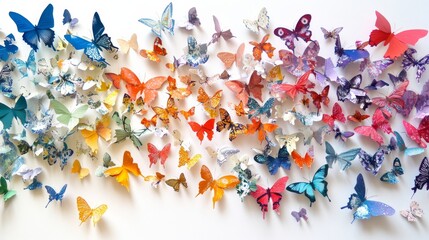construction paper, detailed, small butterflies, multicolored, white background