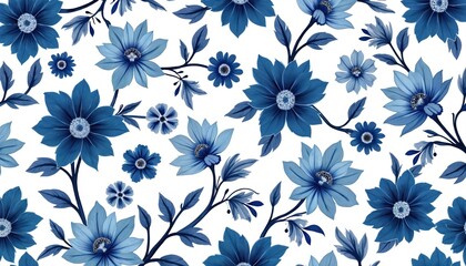 Elegant blue floral vine illustration with intricate flower patterns. Seamless textile design features vintage retro style with repeating motif on white background, perfect for wallpapers, fabric