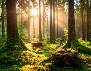 Obraz premium Sunlit forest scene with mossy trees and birds nest in a natural environment