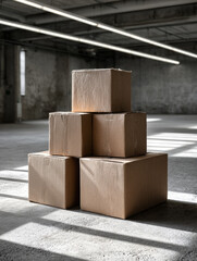 Stack of cardboard boxes in a spacious warehouse setting.